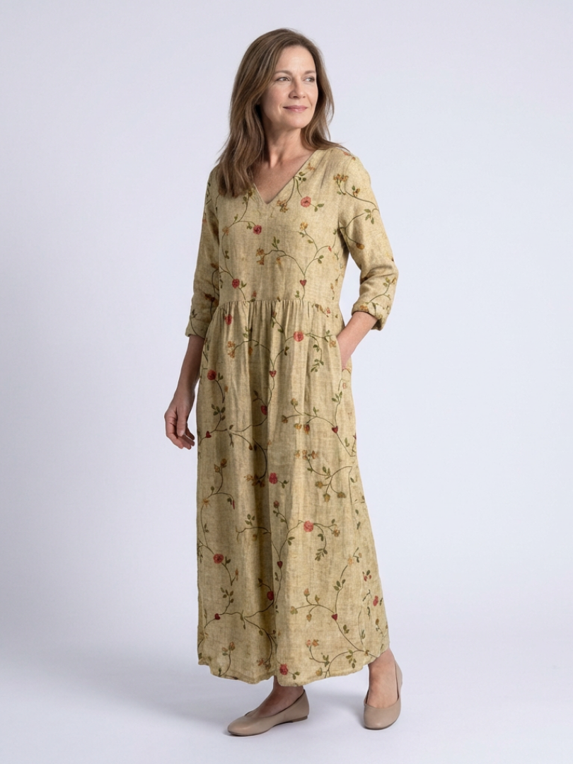 Valeri | Vestido maxi com padrão floral, decote em V e mangas três quartos