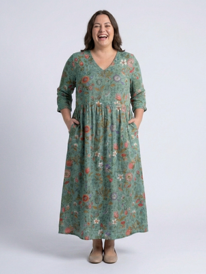 Valeri | Vestido maxi com padrão floral, decote em V e mangas três quartos