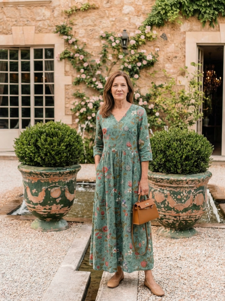 Valeri | Vestido maxi com padrão floral, decote em V e mangas três quartos