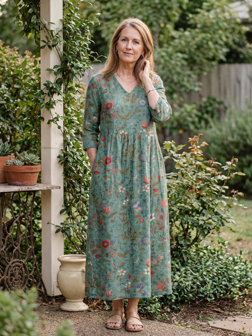 Valeri | Vestido maxi com padrão floral, decote em V e mangas três quartos