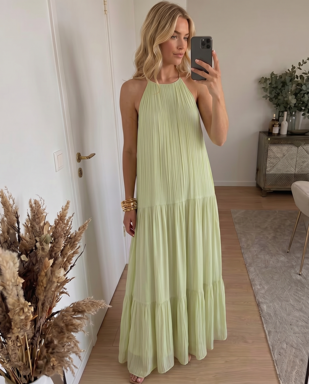Lívia - Vestido Maxi Boho Verde Pistácio