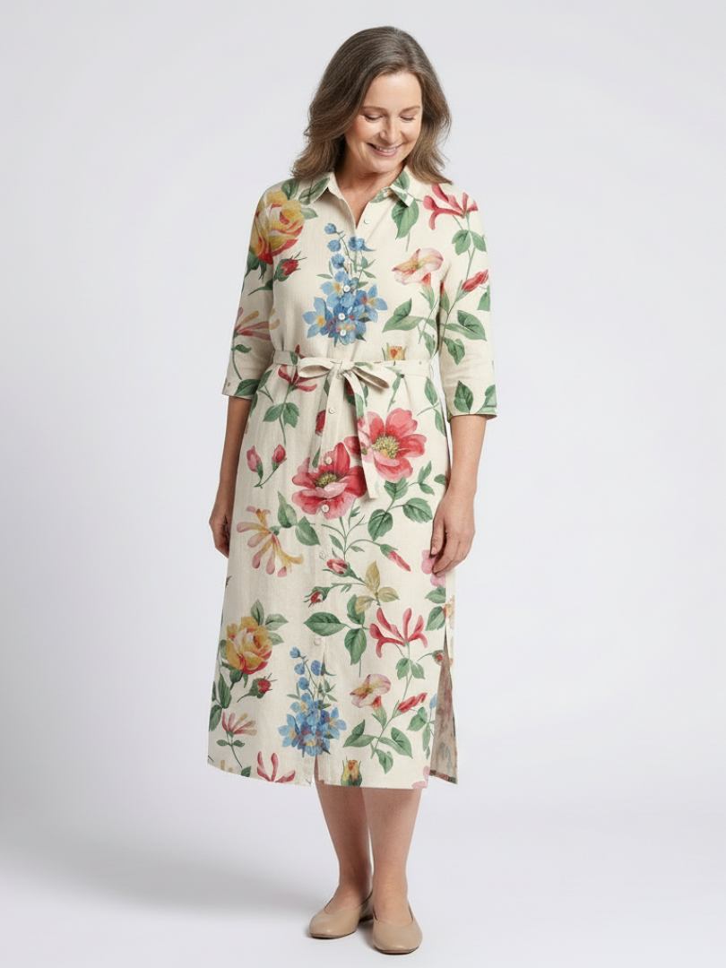 Charlotte | Vestido midi floral com botões e mangas curtas