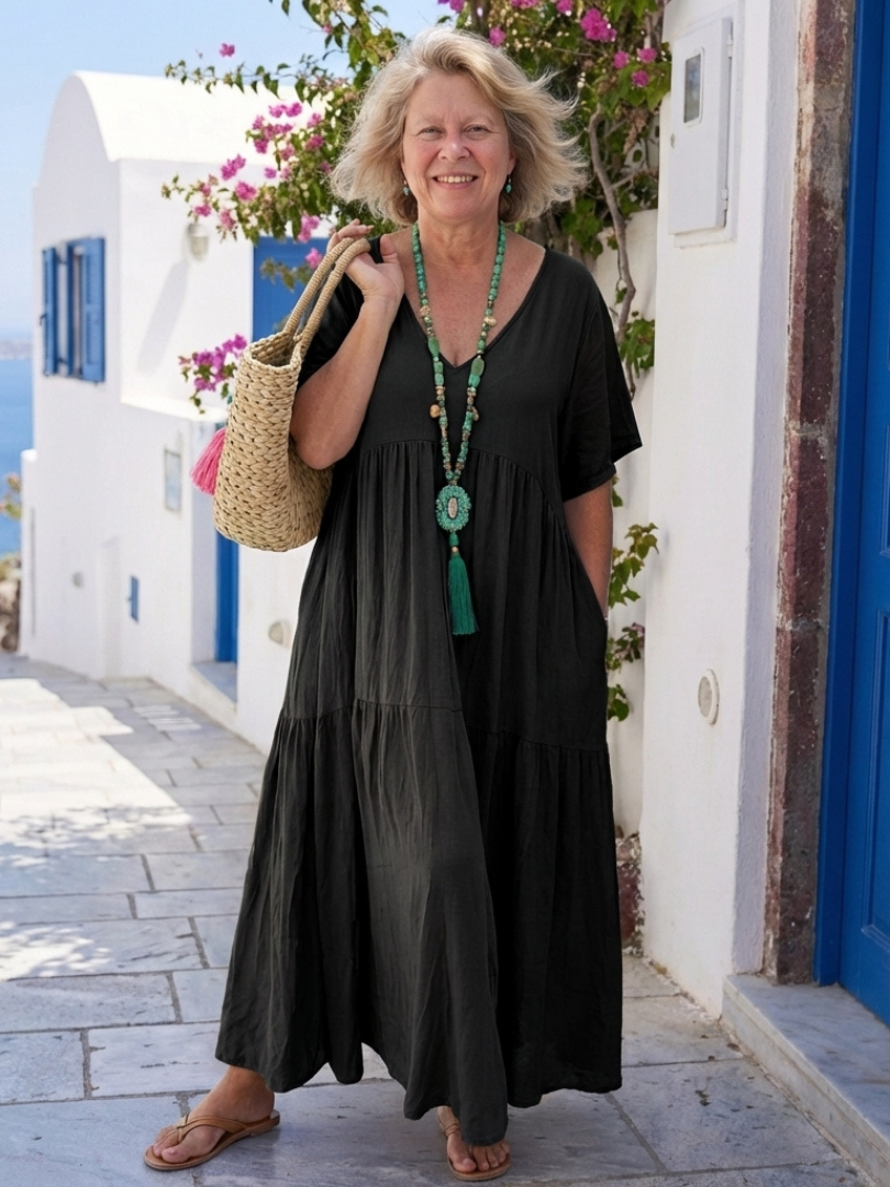 Ivone | Maxi vestido em azul com mangas curtas e folhos