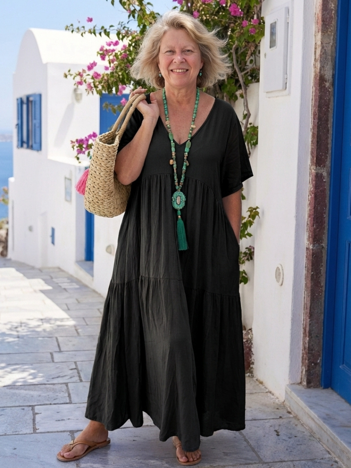 Ivone | Maxi vestido em azul com mangas curtas e folhos