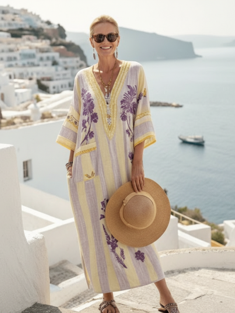 Íris | Vestido maxi com riscas coloridas, decote em V e mangas 3/4