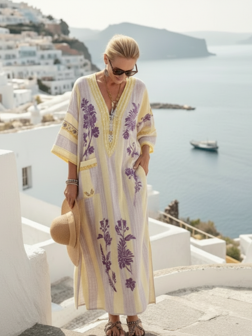 Íris | Vestido maxi com riscas coloridas, decote em V e mangas 3/4