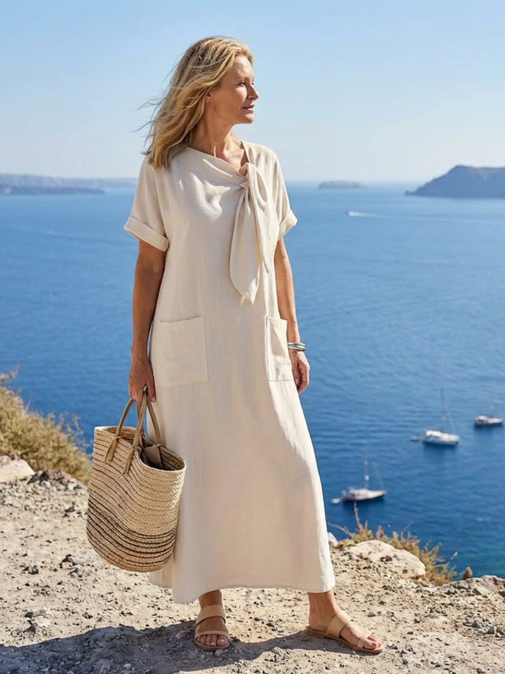 Amelin | Vestido comprido com decote redondo, mangas curtas e bolsos
