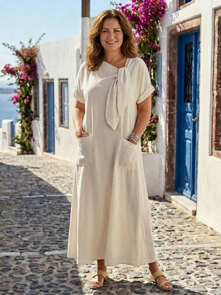Amelin | Vestido comprido com decote redondo, mangas curtas e bolsos