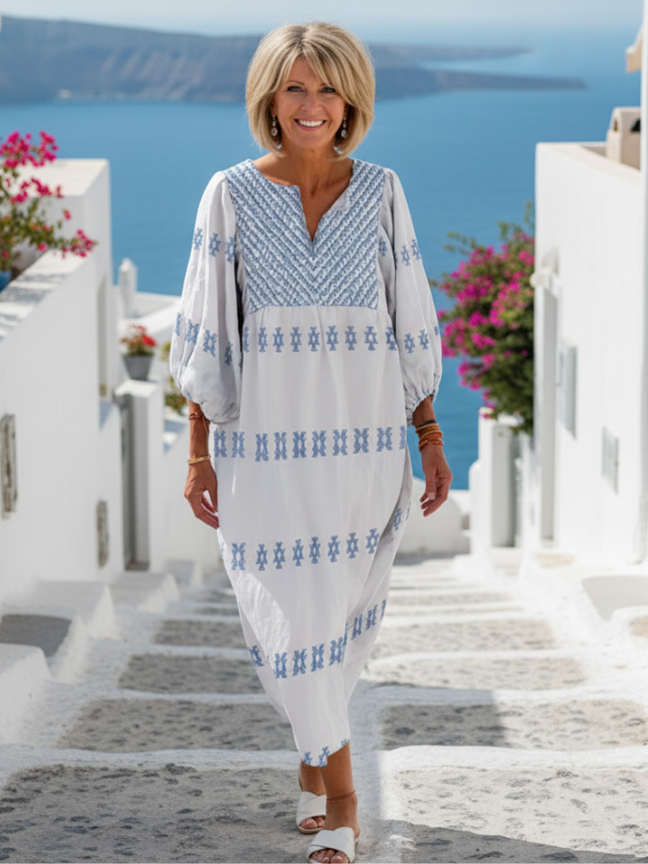 Margarita | Vestido maxi com mangas compridas bordadas e decote em V