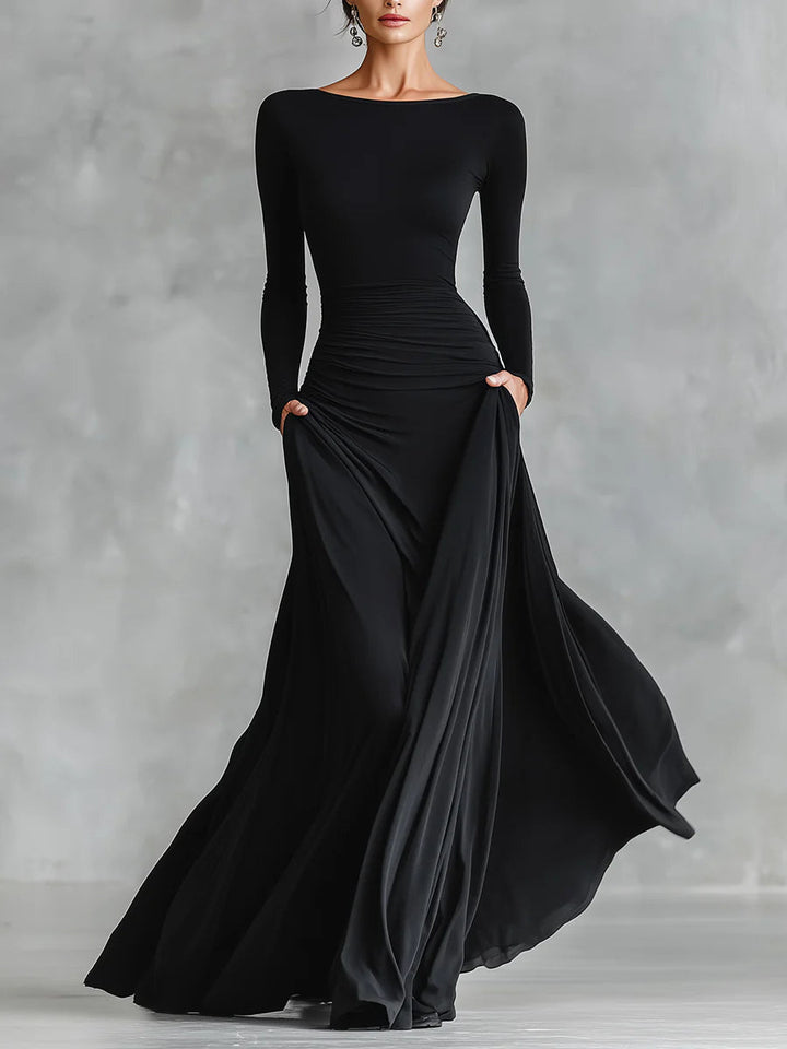 Noemi | Black long dress with boat neck and elegant shirring