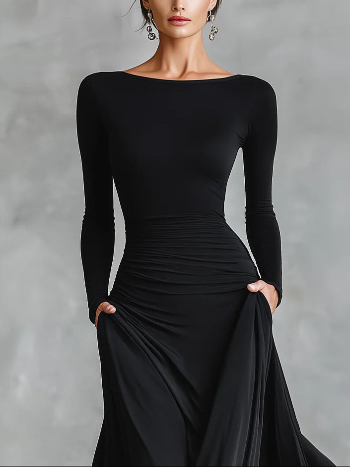 Noemi | Black long dress with boat neck and elegant shirring