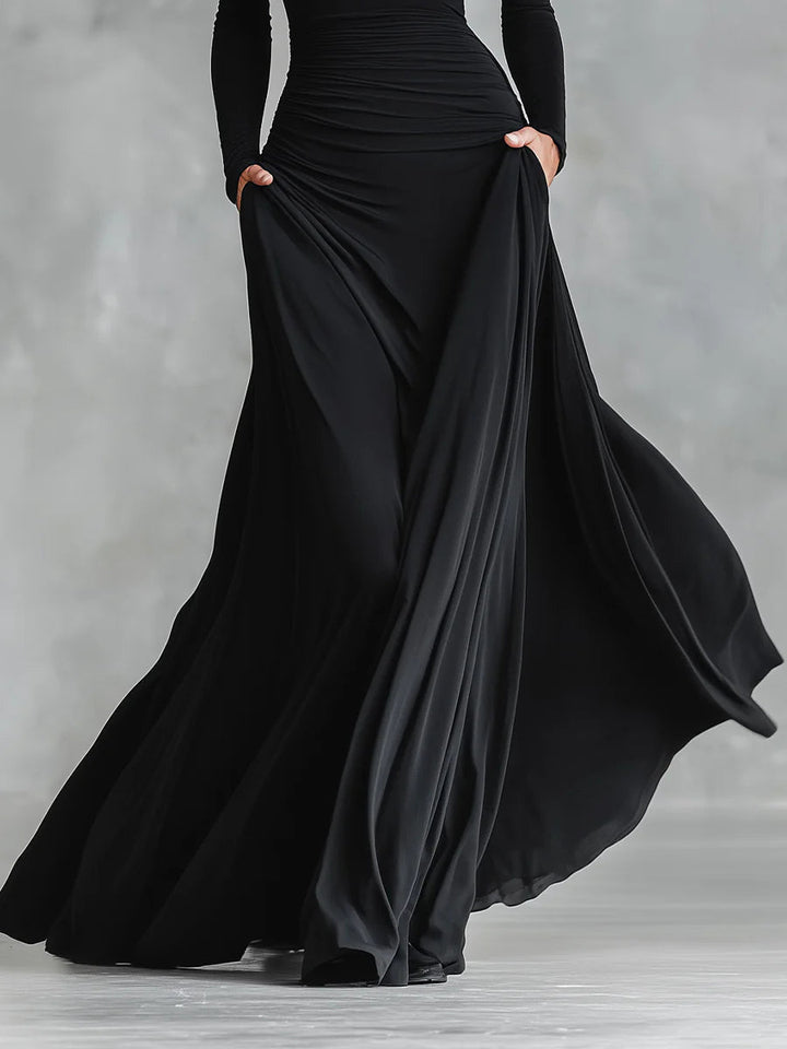 Noemi | Black long dress with boat neck and elegant shirring