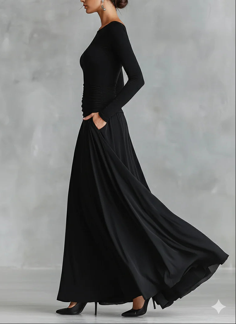 Noemi | Black long dress with boat neck and elegant shirring