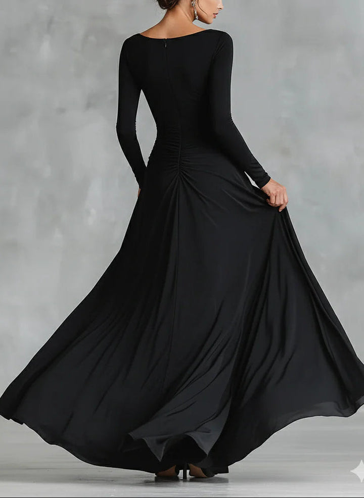 Noemi | Black long dress with boat neck and elegant shirring