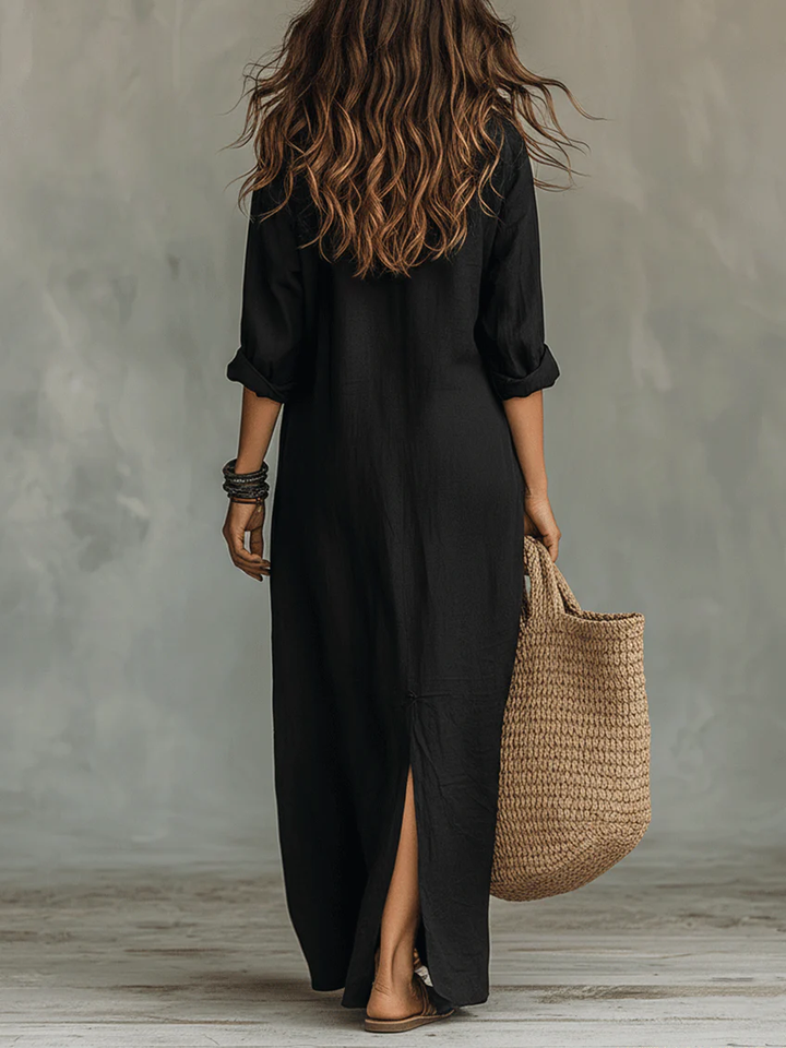 Alésia - Vestido comprido preto com botões