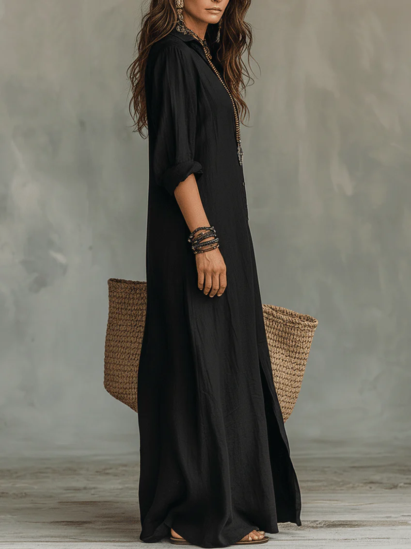Alésia - Vestido comprido preto com botões
