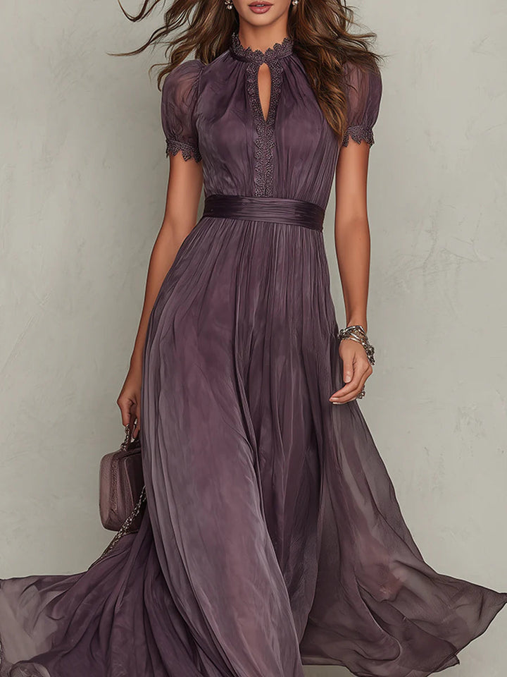 Flávia | Elegant long purple dress with teardrop neckline and lace