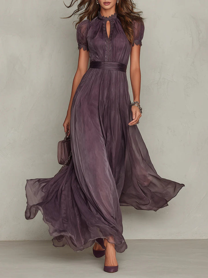 Flávia | Elegant long purple dress with teardrop neckline and lace