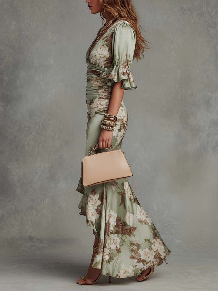 Anastasia | Maxi vestido acetinado com estampa floral