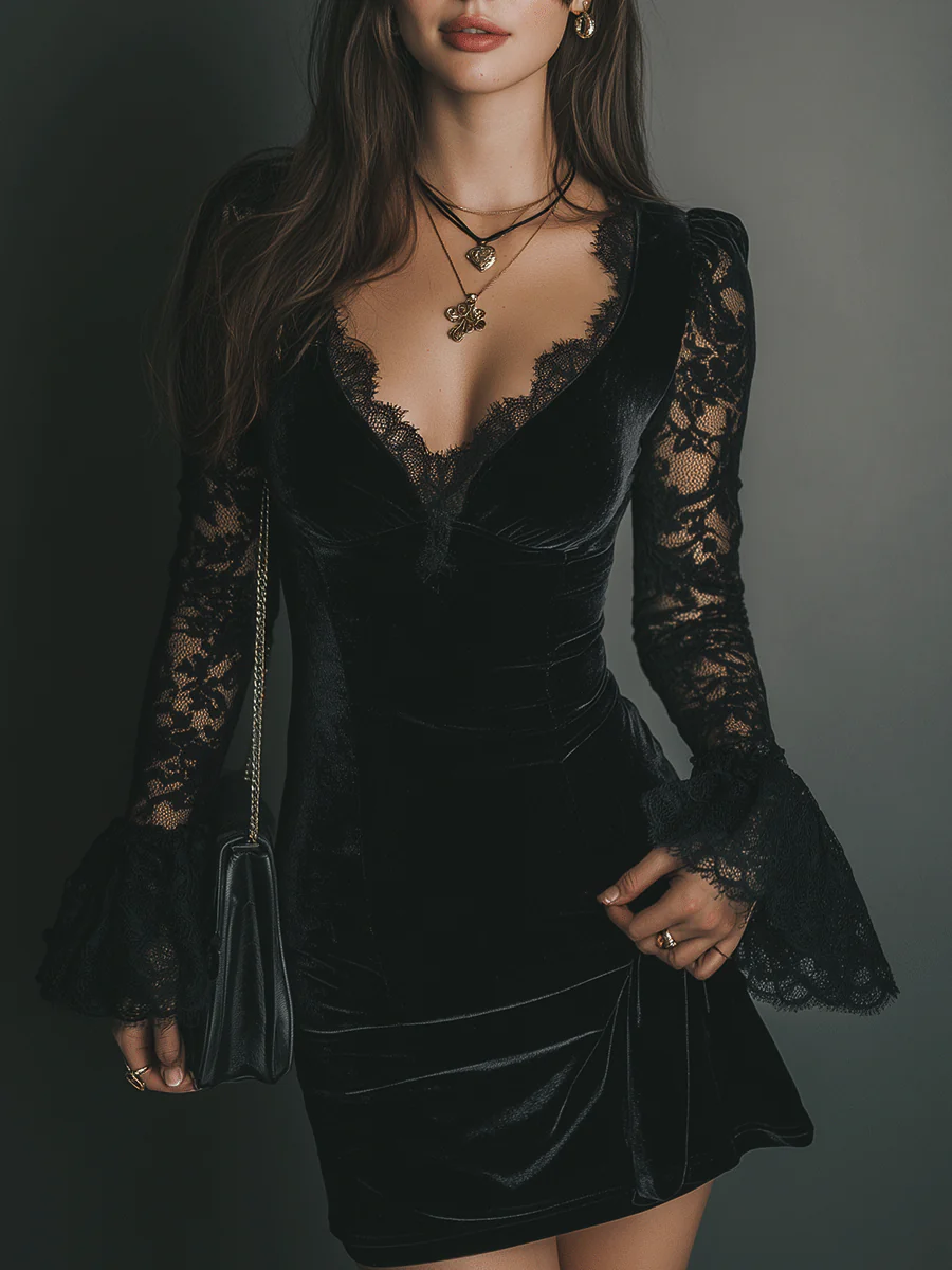 Melani | Vestido curto de veludo e renda Lua