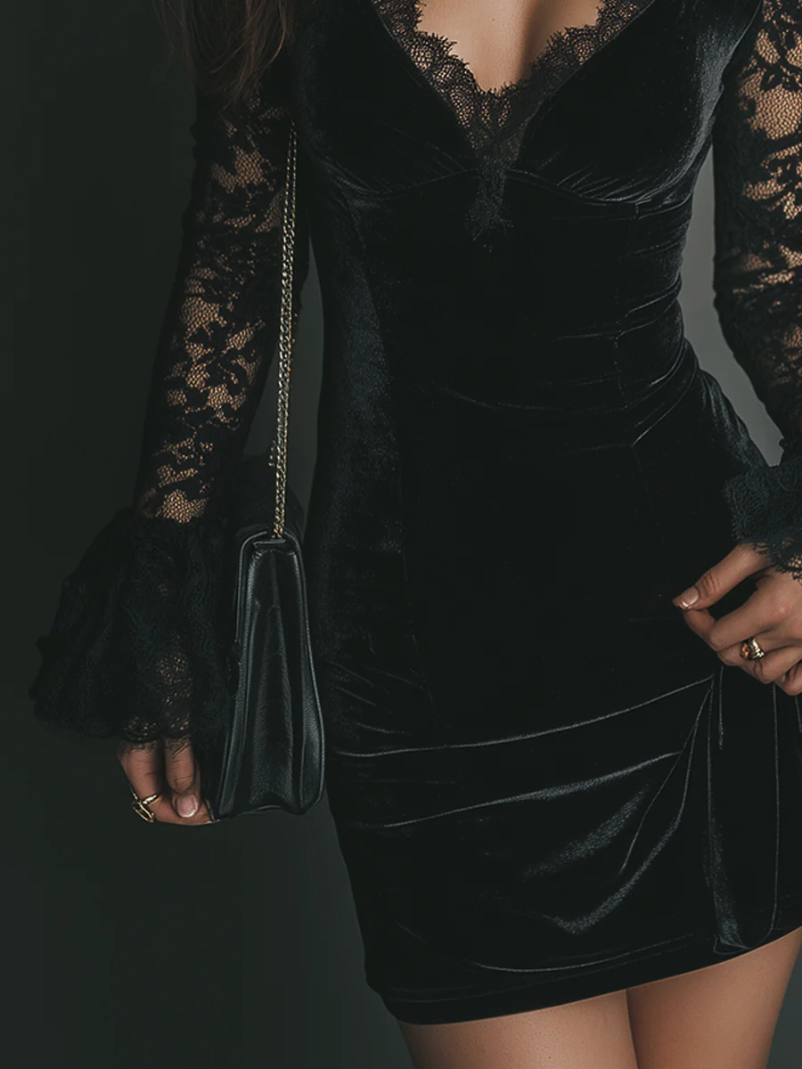Melani | Vestido curto de veludo e renda Lua