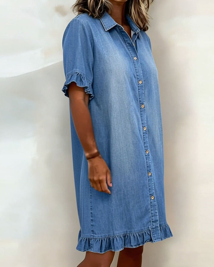 Linea Aarhus® | Vestido de ganga confortável com bonitos folhos