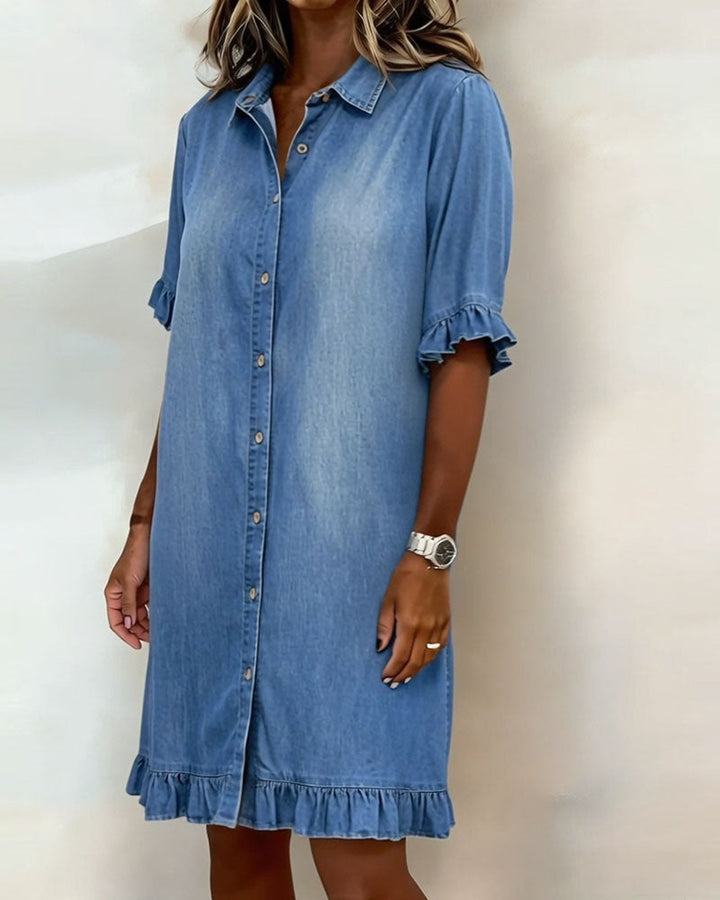 Linea Aarhus® | Vestido de ganga confortável com bonitos folhos