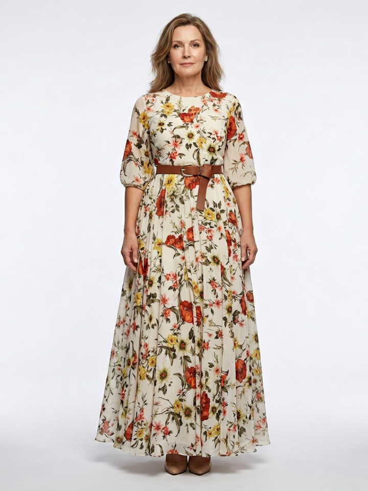 Isabel | Maxi dress com cinto, decote redondo e mangas três quartos