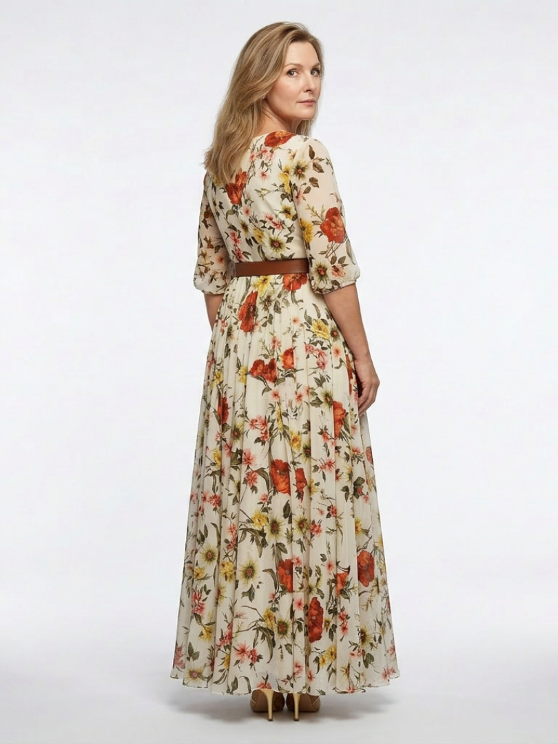 Isabel | Maxi dress com cinto, decote redondo e mangas três quartos