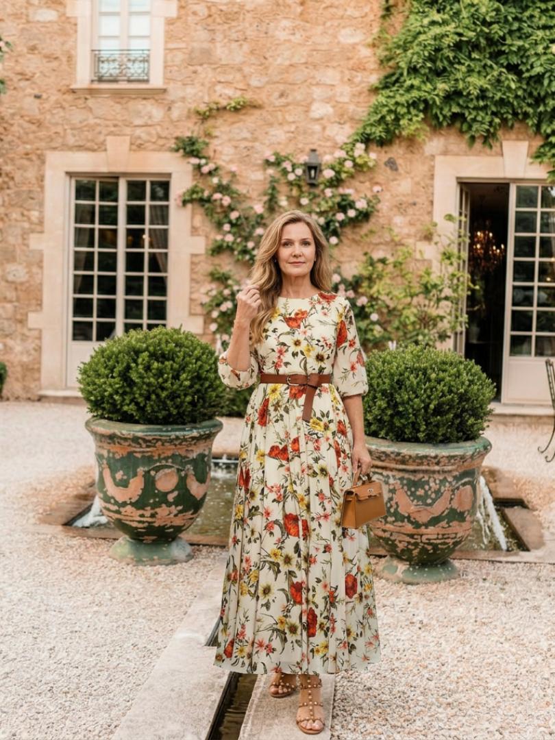 Isabel | Maxi dress com cinto, decote redondo e mangas três quartos