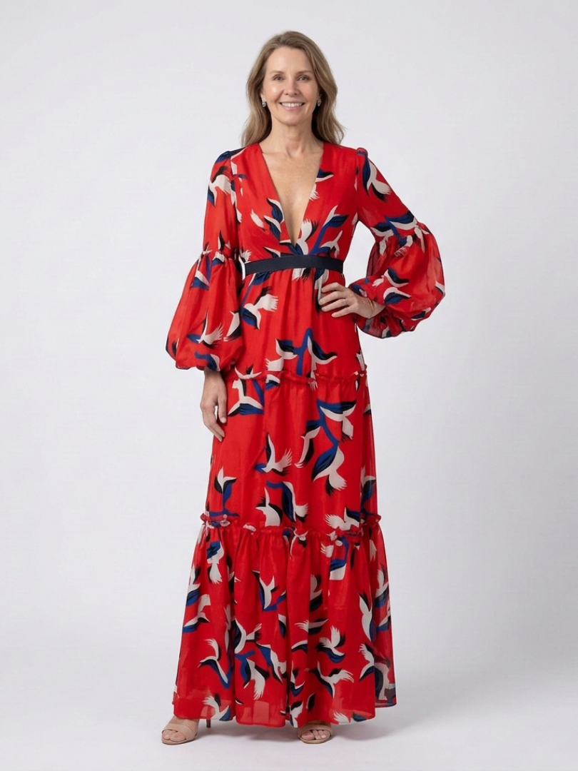 Lea | Vestido maxi com mangas compridas e cintura ajustada