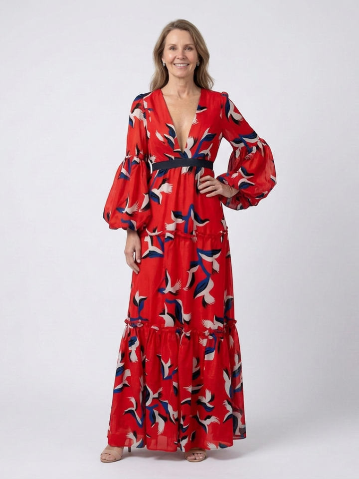 Lea | Vestido maxi com mangas compridas e cintura ajustada