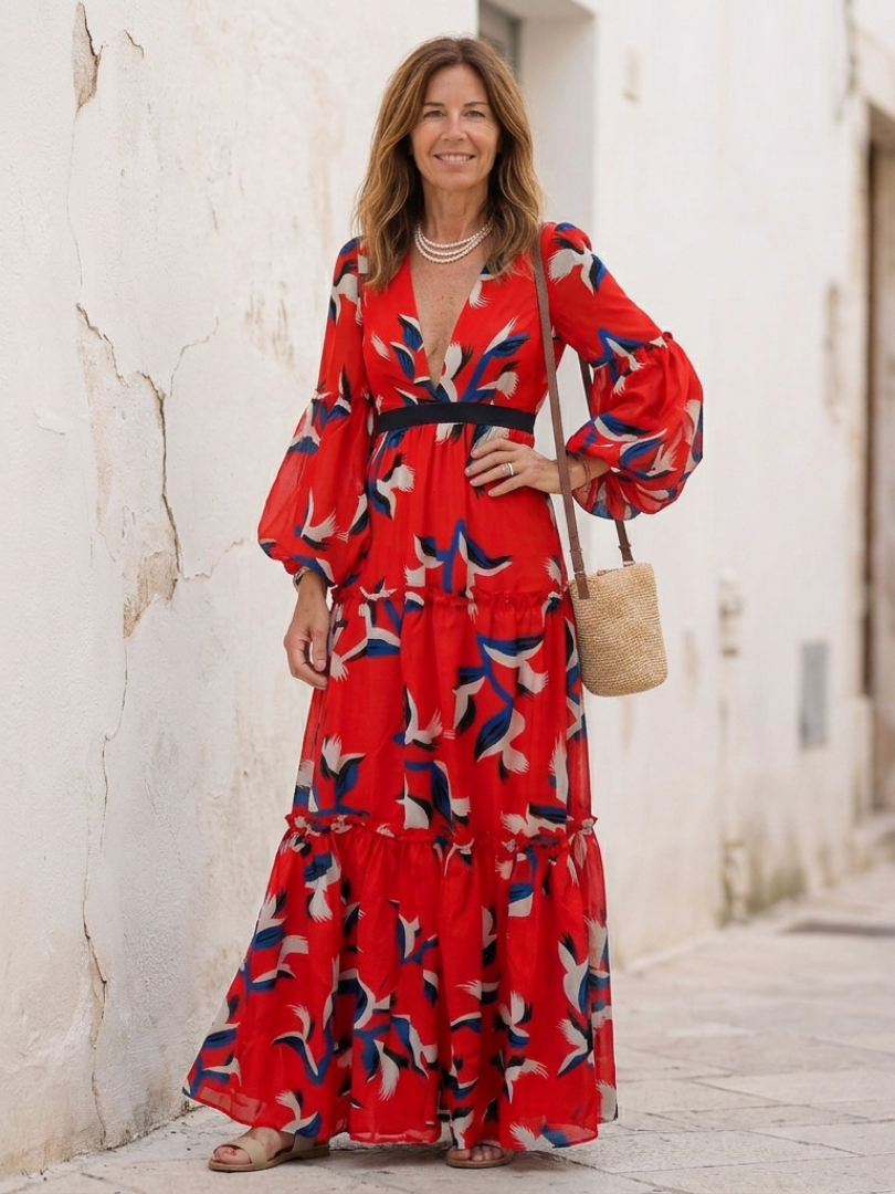 Lea | Vestido maxi com mangas compridas e cintura ajustada