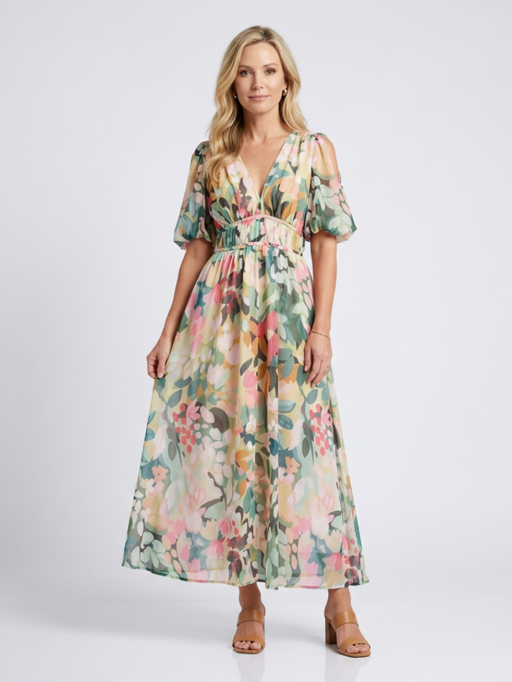 Audrey | Vestido curto com mangas curtas e cintura franzida