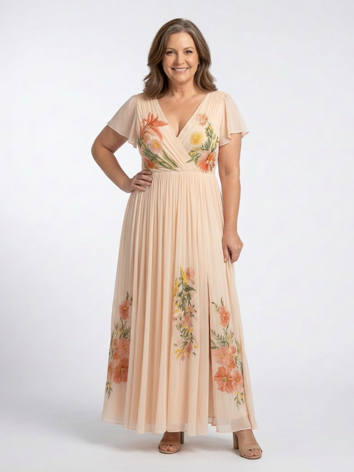Helena | Vestido comprido com flores e decote em V