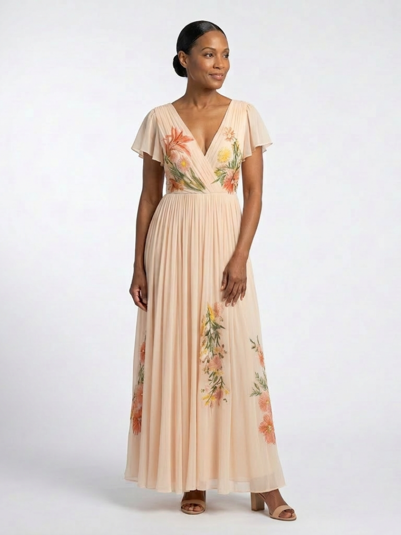 Helena | Vestido comprido com flores e decote em V