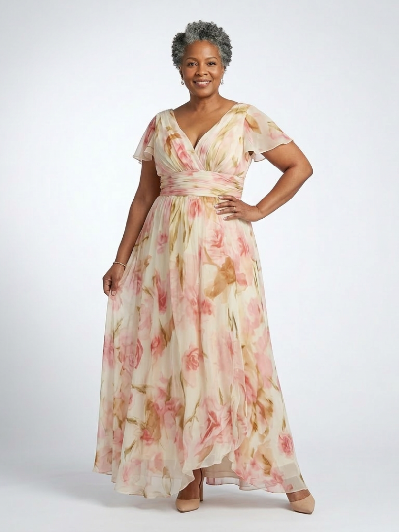 Margô | Vestido maxi colorido com mangas curtas em V