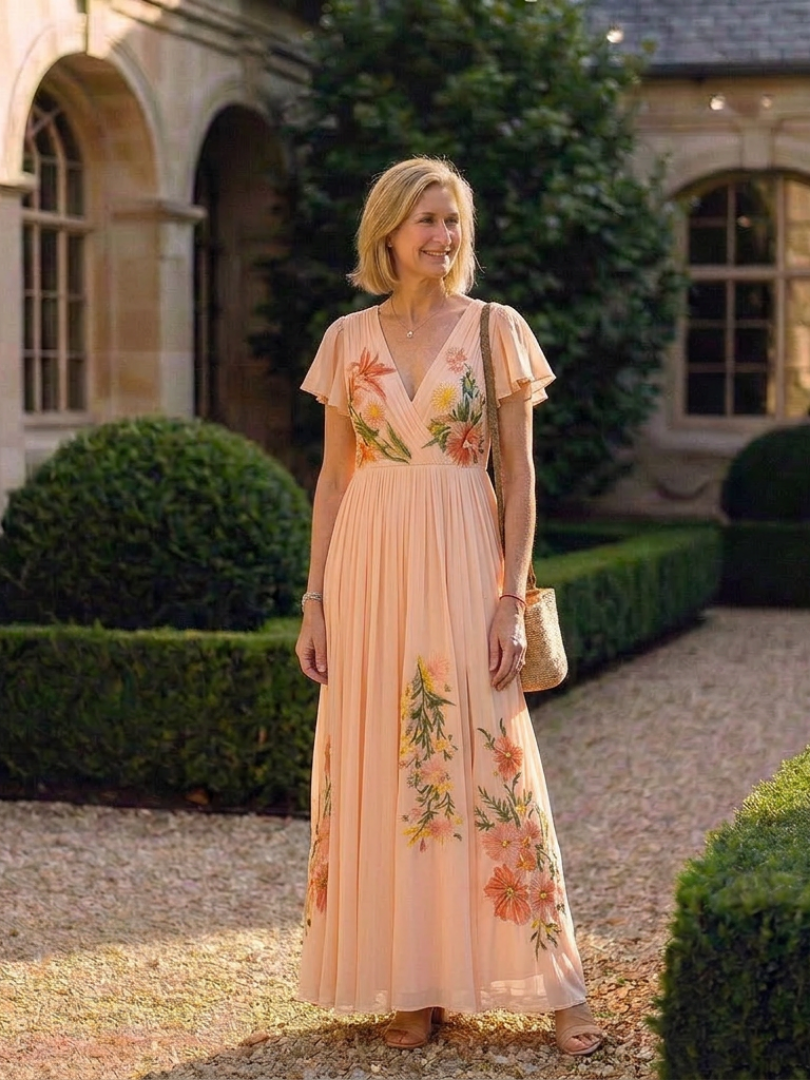 Helena | Vestido comprido com flores e decote em V