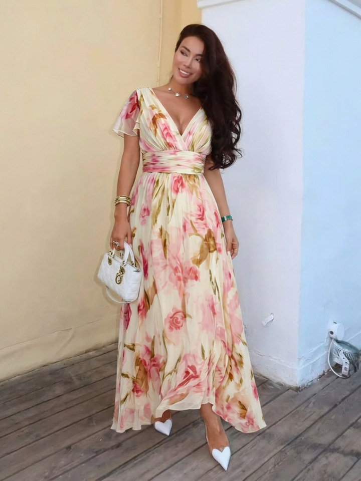 Margô | Vestido maxi colorido com mangas curtas em V