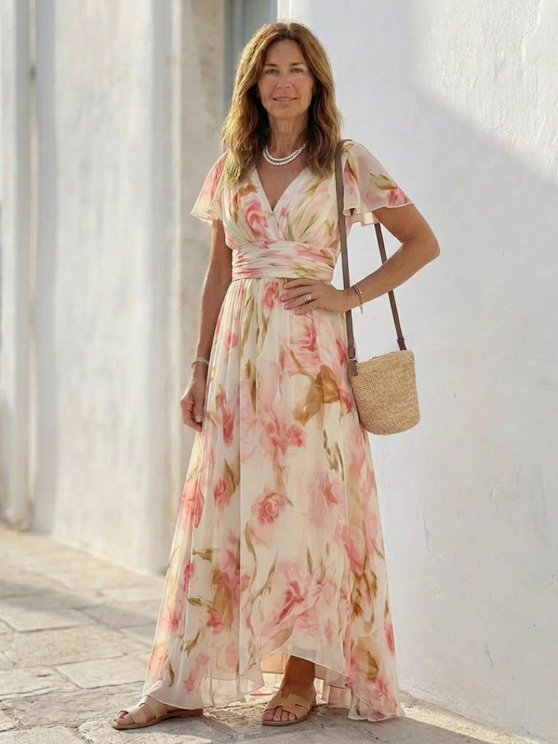 Margô | Vestido maxi colorido com mangas curtas em V