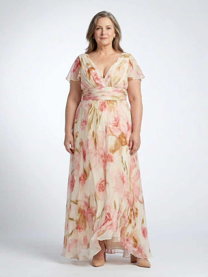 Margô | Vestido maxi colorido com mangas curtas em V