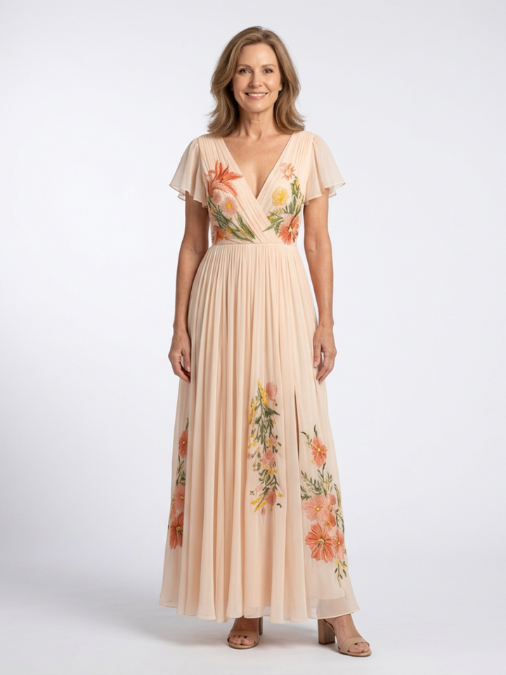Helena | Vestido comprido com flores e decote em V