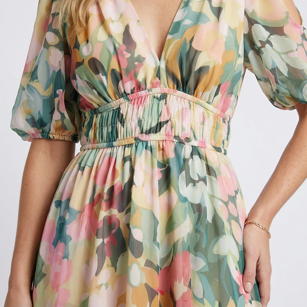 Audrey | Vestido curto com mangas curtas e cintura franzida