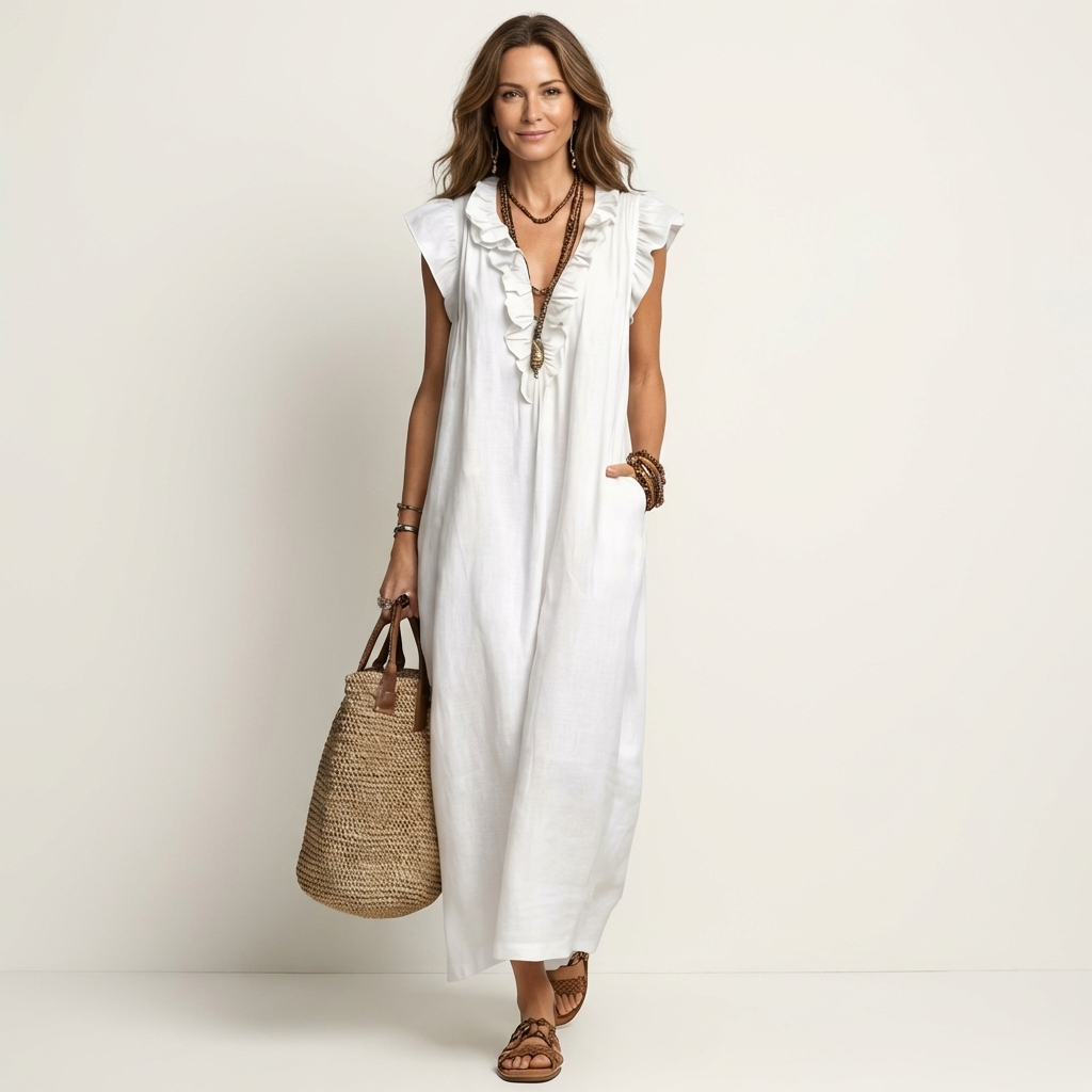 Joset | Vestido Maxi em Linho com Decote em V e Renda
