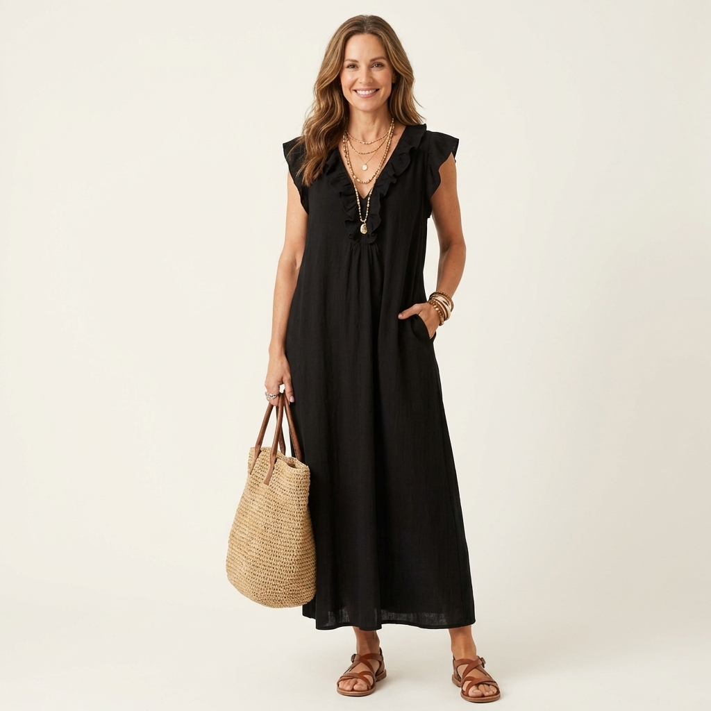 Joset | Vestido Maxi em Linho com Decote em V e Renda