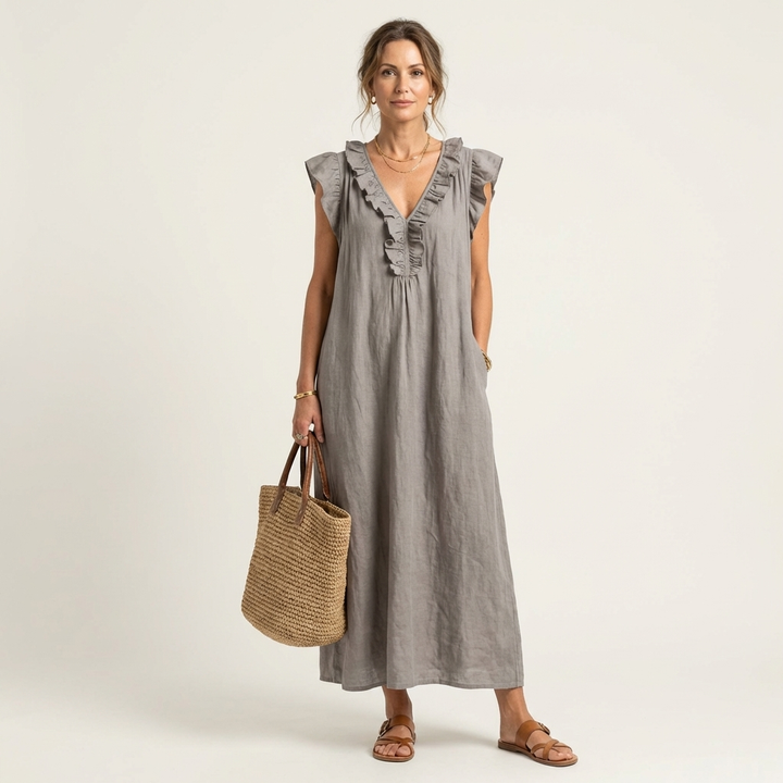 Joset | Vestido Maxi em Linho com Decote em V e Renda