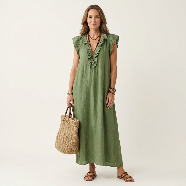 Joset | Vestido Maxi em Linho com Decote em V e Renda