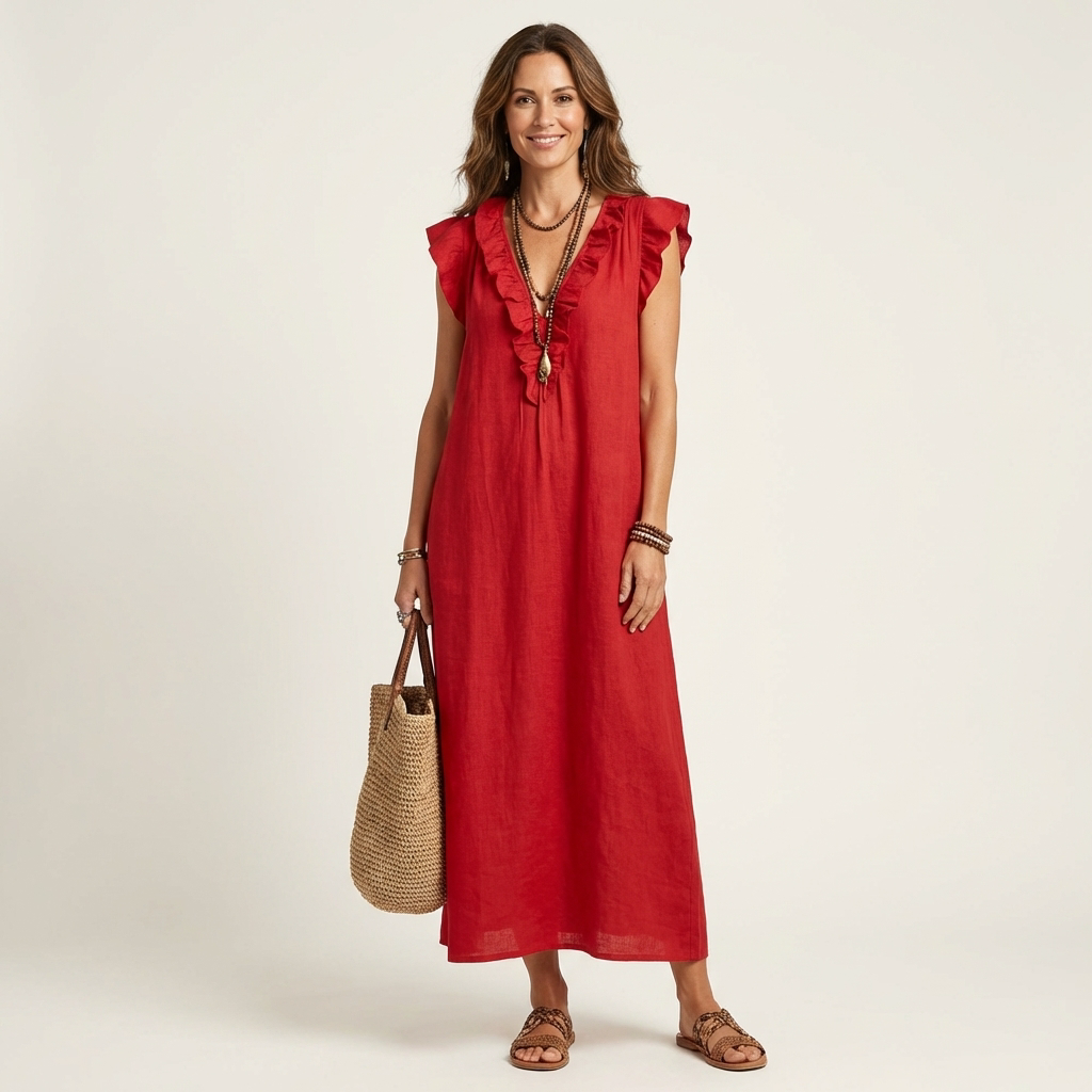Joset | Vestido Maxi em Linho com Decote em V e Renda