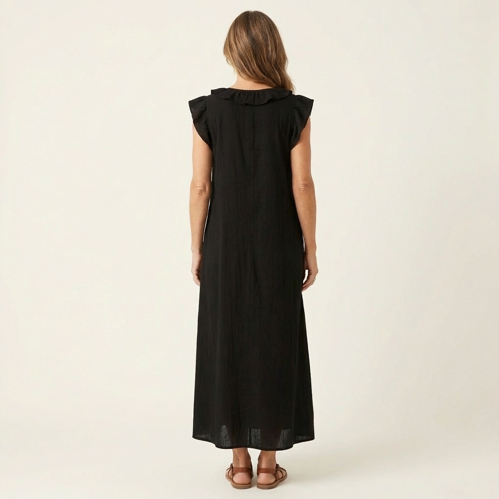 Joset | Vestido Maxi em Linho com Decote em V e Renda