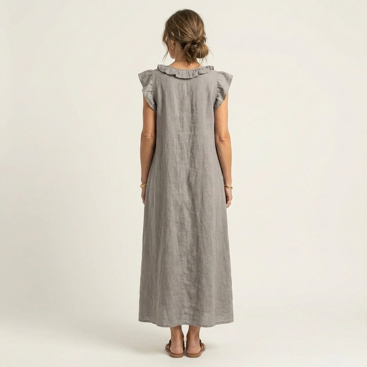 Joset | Vestido Maxi em Linho com Decote em V e Renda